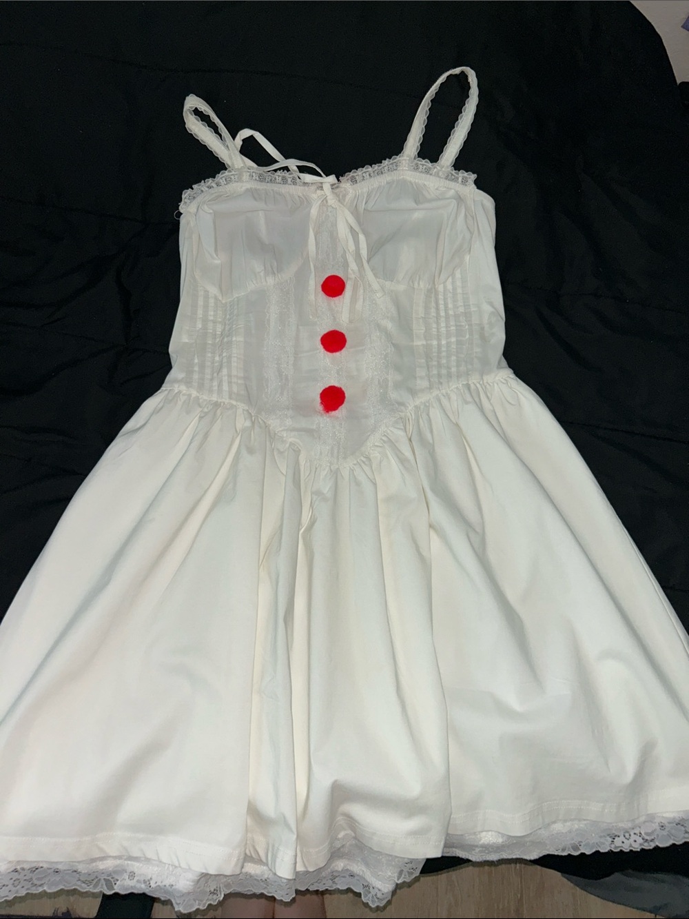 White corset back dress, red pom Pom detail, pennywise Halloween costume, clown